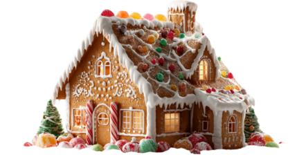A gingerbread house decorated with colored icing and candies.