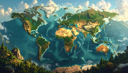 Creative Illustration of the World Map with Detailed Terrain Features