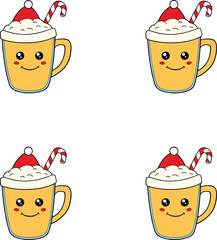 Vector cute cartoon Christmas mugs with candy canes and Santa hats. Christmas eggnog illustration. 