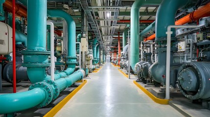 Fototapeta premium Industrial facility interior features a long corridor with extensive turquoise pipes, conduit, and equipment, creating a symmetrical composition with a perspective view and a neutral color palette.