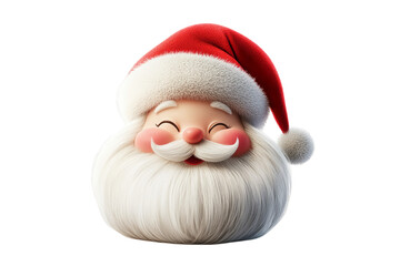 Santa Claus with his eyes closed, wearing a red hat and a white beard on a transparent background. He looks cartoonish.