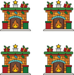 Vector festive Christmas fireplaces decorated with gifts and garland illustration. 