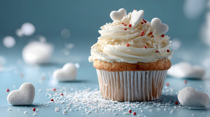 Romantic cupcake with white frosting and red decor