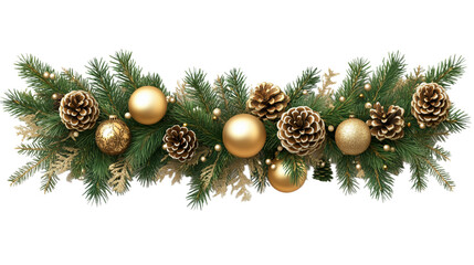 A Christmas wreath made of fir branches and pine cones, decorated with golden balls and shiny decorative elements on a transparent background.