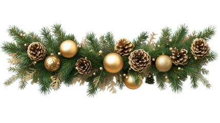 A Christmas wreath made of fir branches and pine cones, decorated with golden balls and shiny decorative elements on a transparent background.