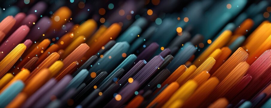 Vibrant abstraction with colorful lines and glowing light particles