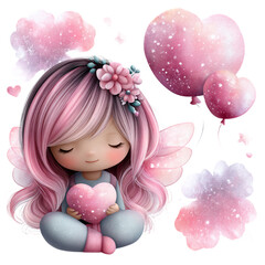 A cartoon girl with wings holding a pink heart on a transparent background.