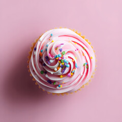 Pink cupcake with swirl frosting and sprinkles