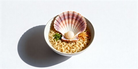 Seashell-inspired ramen noodles in a bowl, artfully arranged on white background, natural light food design