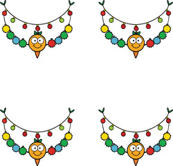 Vector identical cartoon Christmas ornaments with smiling faces on strings of lights. 
