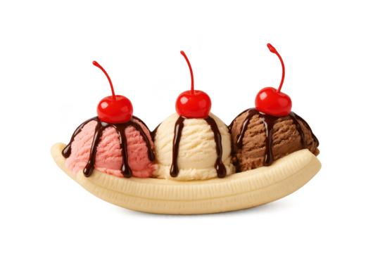 Delicious banana split with three ice cream scoops isolated on transparent background.
