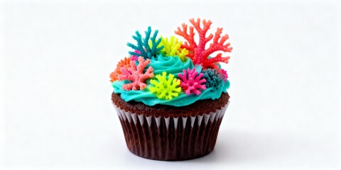 Cupcake with neon coral reef icing on matte white background, vibrant bakery marine dessert concept