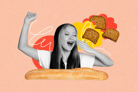 Full poster image trendy collage photo of sleepy korean girl yawn bread loaf baguette dough wheat bakery nutrition concept