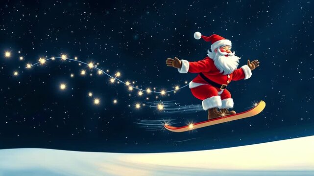 A happy Santa Claus rides a snowboard through snowy mountains on Christmas Eve, cartoon vector style. The kind Santa is rushing to bring joy to children during the holidays