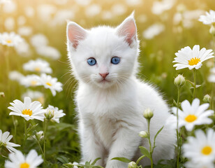 cat in the garden, A cute white kitten with blue eyes sits in a field of white flowers with soft lighting. white cat on green grass