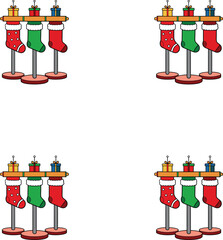 Vector sets of Christmas stockings hanging on festive stands. 