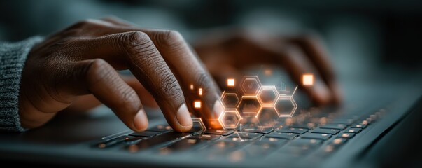 Close-up of hands typing on a keyboard with digital technology interface overlays