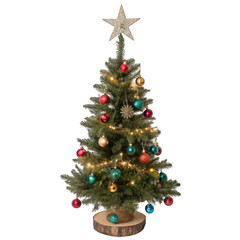 Decorated Christmas tree with golden star and red ornaments isolated on transparent background