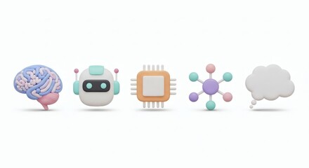 Conceptual 3D rendering of artificial intelligence icons including a brain, robot, chip, network, and communication bubble