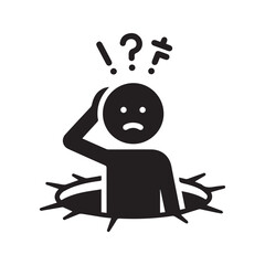 Confused Person Emerging from a Hole Icon, Stick Figure with Question Marks Symbolizing a Trap, Problem, or Discovery.
