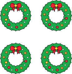 Premium vector festive Christmas wreaths with red bows and ornaments. 