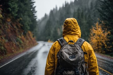 Obraz premium Man in yellow raincoat and backpack, walking on wet road through forest. This image can illustrate resilience, travel, or outdoor adventure theme.