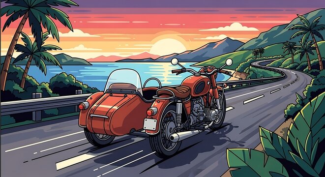Motorcycle Sidecar Adventure - Coastal Road Trip at Sunset.