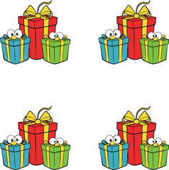 Vector identical cartoon Christmas gift box arrangements with googly eyes. 