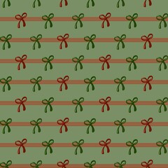 Seamless pattern with festive red and green bows on a striped background. Perfect for Christmas wrapping, textile and seasonal decor.