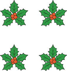 Vector festive holly sprigs with red berries on white background. 