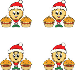 Vector festive cartoon characters wearing Santa hats holding mince pies illustration. 