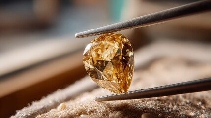Loose diamond in tweezers selective focus. Macro shot of precious stone inspection for defects. Certification of brilliant cut diamond. Gemstone in clamp for making luxury jewelry. Natural material.