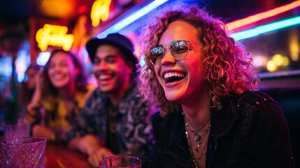 A group of young adults enjoying a night out at a bar, laughing and sharing drinks.