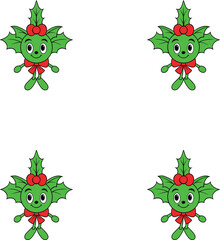 Christmas adorable cartoon holly characters with red bows. 