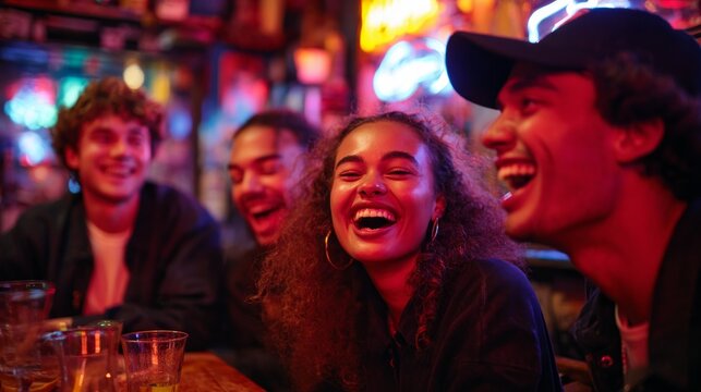 Group of people laughing at a bar.