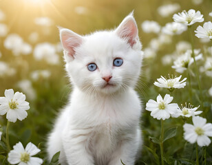 cat in the garden, A cute white kitten with blue eyes sits in a field of white flowers with soft lighting. white cat on green grass