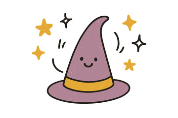 Magical Wizard Stickers. Lovely doodle stickers: happy wizard hat, tiny stars and sparkles waving, simplified doodle shapes, white
