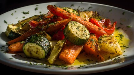 Fototapeta premium A shot reveals a vibrant plate of grilled vegetables, including carrots, zucchini, and peppers, glistening with oil and garnished with chopped herbs, creating an inviting culinary presentation...