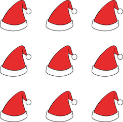 A repeating pattern of red Santa hats with white trim. 