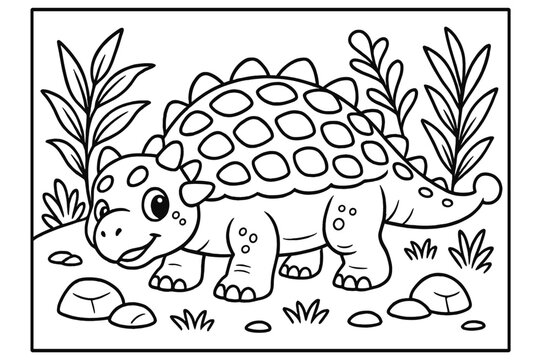 Cartoon Ankylosaurus Coloring. Cute dinosaur coloring page: ankylosaurus with armored back, plants and stones around, black and