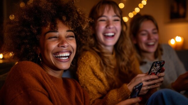 Three women sharing a joyful moment while looking at a smartphone.