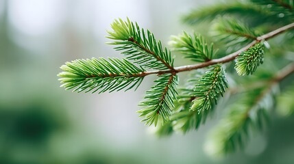 Fresh green pine tree branch with dew drops in soft morning light, natural forest background symbolizing freshness, nature, environment, and serenity