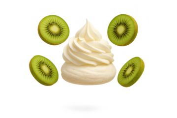 Swirl of soft serve ice cream with kiwi slices isolated on transparent background