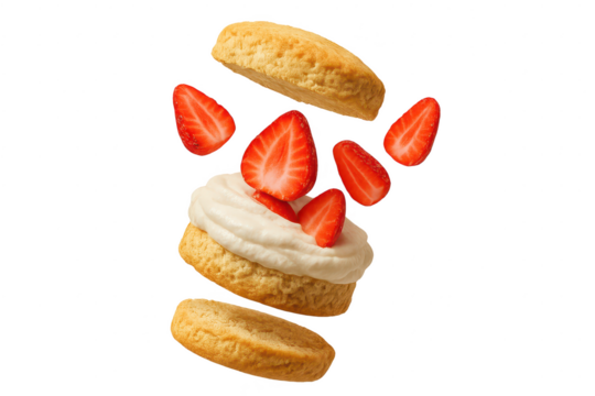 Deconstructed strawberry shortcake isolated on transparent background, levitating