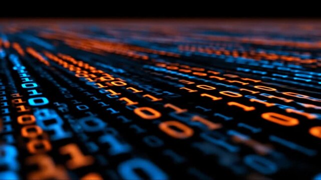 Rows of glowing binary code, blue and orange, recede into depth against a black background