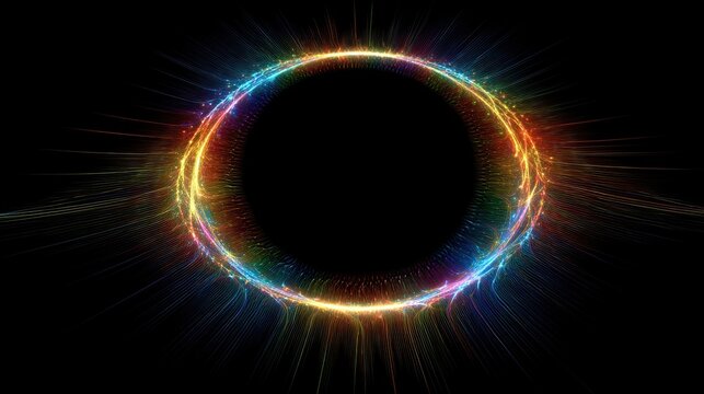 A vibrant, circular burst of light with radiating rays around a dark void against a black background