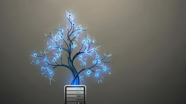 Depiction of digital tree emerging from server, a conceptual representation of data growth and connectivity. Digital tree illustrates information, networks, and technological advancement.
