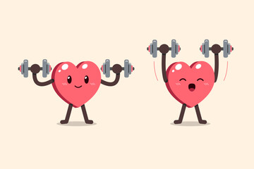 Cartoon hearts character doing dumbbell shoulder press