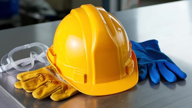 Safety gear including a yellow hard hat, protective goggles, and gloves is arranged on a metal surface in a well-lit workshop focusing on workplace safety and preparation