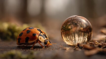 Ladybug on Natural Soil Surface with Reflective Glass Sphere in Outdoor Forest Setting